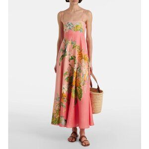 Alémais Anika Floral Peach Linen Midi Dress